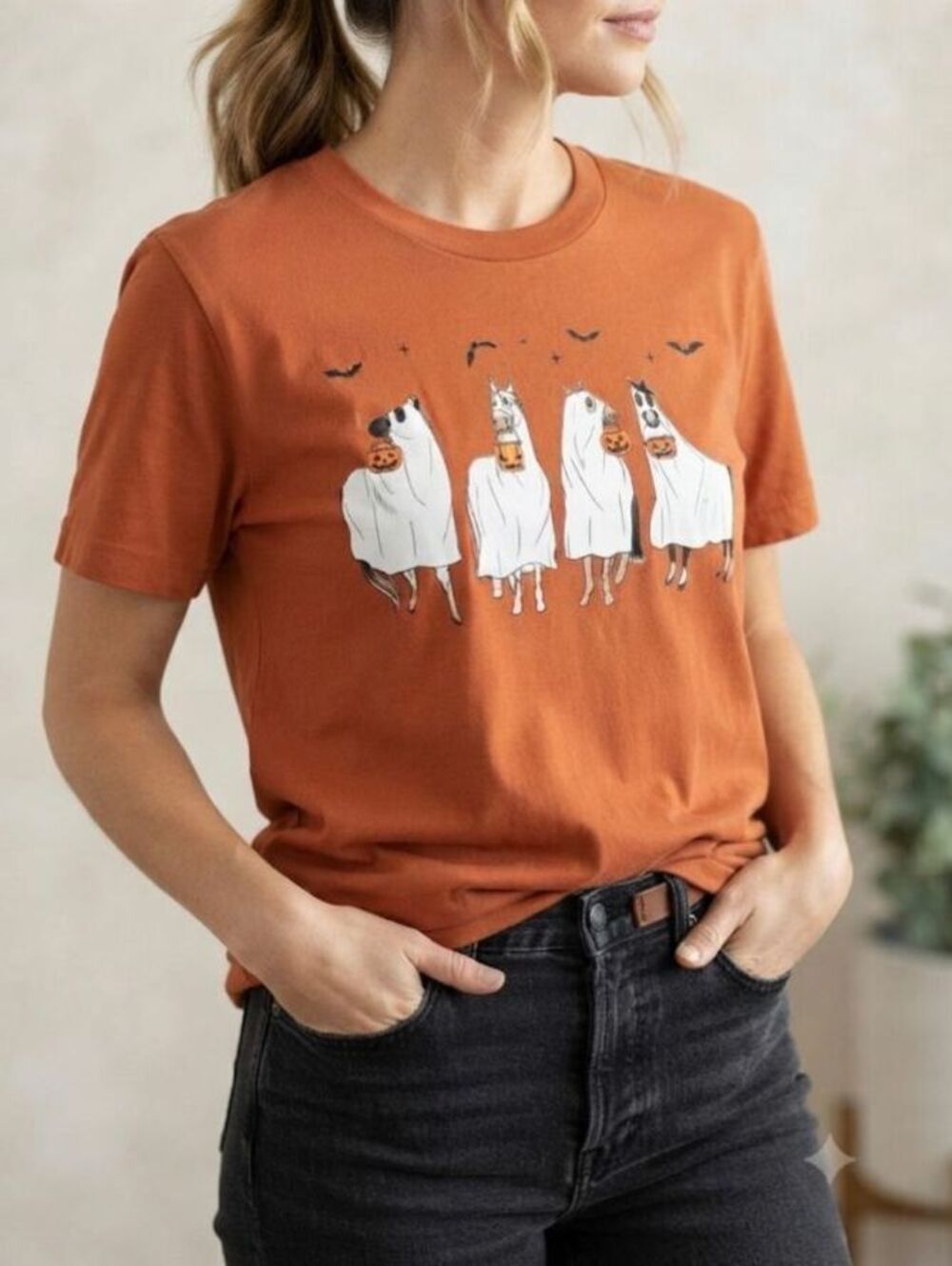 Lane Seven Orange Halloween Ghost Horses Graphic T-Shirt size small horse lover